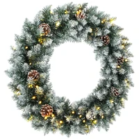 HOMCOM Coroniță de Crăciun 60 cm cu lumini LED, 8 moduri, 140 ramuri, conuri de pin, verde(m-1)