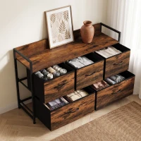 HOMCOM Cajonera de Tela con 5 Cajones y Marco Metálico Estilo Industrial para Salón Recibidor 98x29x63 cm Marrón Rústico(m-8)