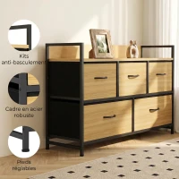 HOMCOM Commode, meuble de rangement avec 5 tiroirs en tissu pliables, plateau et cadre en acier, 98 x 29 x 63 cm, chêne(m-7)