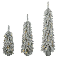 HOMCOM Set de 3 árboles de Navidad artificiales nevados, preiluminados con puntas de ramas de PVC y luces LED blanco cálido(m-7)