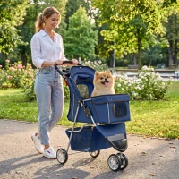 PawHut Carrinho Dobrável para Cães Pequenos até 10 kg com 3 Rodas, Capota, Cesta, Janelas em Rede e Porta-copos, Azul-Escuro(m-2)