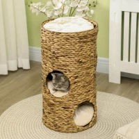 PawHut Tonneau à Gratter pour Chat 3 Niveaux, Coussins, Tressage en Jacinthe d'Eau, Cadre en Acier, Ø 40 x 73 cm, Marron Clair(m-7)