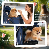 PawHut Carrinho Dobrável para Cães Pequenos até 10 kg com 3 Rodas, Capota, Cesta, Janelas em Rede e Porta-copos, Azul-Escuro(m-7)