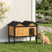 PawHut Wooden Cat House Outdoor Indoor with Weatherproof Asphalt Roof, Side Cleaning Door, PVC Curtain(m-14)