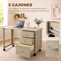 HOMCOM Escritorio Plegable con Ruedas con Freno 3 Cajones y Superficie Abatible Diseño Moderno 107x50x72 cm Roble(m-5)