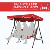 Outsunny Balancelle de Jardin 3 Places Toit Inclinaison réglable Coussins Assise et Dossier Acier Noir Polyester Rouge(m-6)