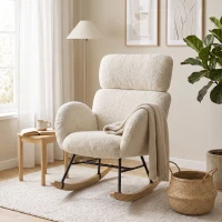 HOMCOM Fauteuil à bascule rembourré avec appui-tête réglable, velours à motif gouttes, structure en bois d'hévéa, Blanc crème(m-4)
