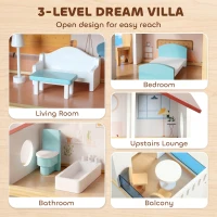 AIYAPLAY Kids Wooden Dolls House, 3-Story Dollhouse with 5 Rooms and 11 Accessories, Pretend Play Gift for Ages 3+, White(m-4)