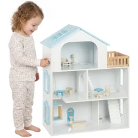 AIYAPLAY Groot poppenhuis 79,5 cm met lift, 3 verdiepingen, 13 meubels en balkon, blauw, cadeau voor meisjes van 3-6 jaar(m-15)