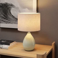 HOMCOM Lampă de masă din ceramică, cu abajur textil aspect in, E27, întrerupător basculant, pentru dormitor, crem(m-10)