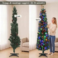 HOMCOM Sapin de Noël Artificiel Crayon 180cm, Pré-éclairé 170 LEDs, 11 Modes, 351 Branches, Télécommande, Base Amovible, Vert(m-7)