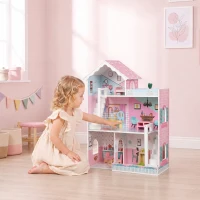 AIYAPLAY Wooden Dolls House, Large 3-Storey Modern Dollhouse with 10 Accessories, Pretend Play Toy Gift for Ages 3-6 Years, Pink(m-14)