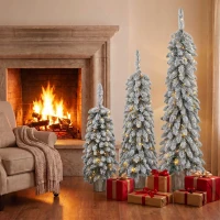 HOMCOM Conjunto com 3 Árvores de Natal Artificiais com Neve Pré-iluminadas com Pontas em PVC e LEDs Branco Quente(m-5)