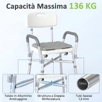 HOMCOM Sedia Doccia ad Altezza Regolabile con Braccioli e Cuscino Rimovibile 53.5x52x80-90 cm, Bianca(m-4)