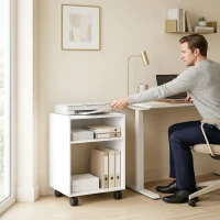 HOMCOM Mobile Porta Stampante in Legno con Ruote a Freno e 2 Scomparti Aperti, 40x35x55 cm, per Ufficio Studio, Bianco(m-8)