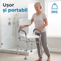 HOMCOM Scaun de duș reglabil pe înălțime, cu brațe și pernă detașabilă, 53.5x52x80-90 cm, alb(m-6)