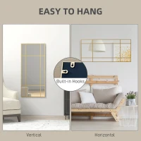 HOMCOM Decorative Grid Wall Mirror, with Back Hooks - Gold Tone(m-5)