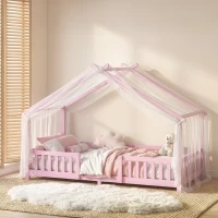 AIYAPLAY Wooden Kids House Single Bed Frame, Solid Pine Wood Toddler Bed with Dual Guardrails for Children, Boys, Girls, Pink(m-9)