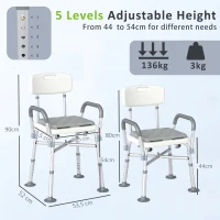 HOMCOM Tabouret de Douche Réglable en Hauteur à 5 Niveaux, Chaise de Douche, Accoudoirs Rembourrés et Coussin Amovible, Gris(m-3)