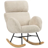 HOMCOM Fauteuil à bascule rembourré avec appui-tête réglable, velours à motif gouttes, structure en bois d'hévéa, Blanc crème(m-1)