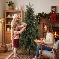 HOMCOM 6ft Artificial Christmas Tree with Pinecones, Red Berries, Hinged Predecorated Xmas Tree with 2843 Branch Tips(m-9)