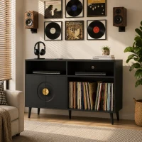 HOMCOM Record Player Stand, Vinyl Record Holder with Storage Holds Up to 300 Albums with Flip-Top Compartment, Black(m-9)