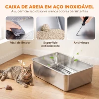 PawHut Caixa de Areia para Gatos em Aço Inoxidável com Peneira Laterais Altas Pá e 10 Resguardos Cinzento-Escuro(m-6)
