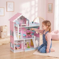 AIYAPLAY Wooden Dolls House, Large 3-Storey Modern Dollhouse with 10 Accessories, Pretend Play Toy Gift for Ages 3-6 Years, Pink(m-2)