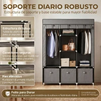 HOMCOM Roupeiro de Tecido com 2 Varões 5 Prateleiras 3 Gavetas Fecho de Correr Estrutura de Aço 125x43x162,5 cm Cinzento(m-5)
