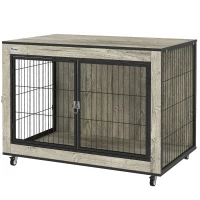 PawHut Dog Crate Furniture with Wheels, Double Doors, for Medium Dogs, Grey(m-11)