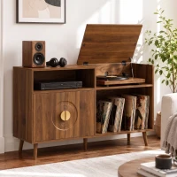 HOMCOM Record Player Stand, Vinyl Record Holder with Storage Holds Up to 300 Albums with Flip-Top Compartment, Walnut(m-2)