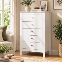 HOMCOM Cómoda 5 Cajones, Mueble de Almacenamiento con Guías Suaves, Cómoda Alta, Estilo Moderno, 60 x 39,5 x 95,3 cm, Blanco(m-5)