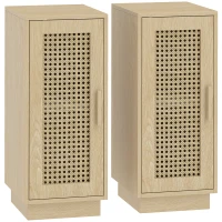 HOMCOM Set of 2 Bedside Tables with Rattan-Decor Doors, Boho Slim Nightstands with Adjustable Shelf, Natural Wood Finish(m-1)