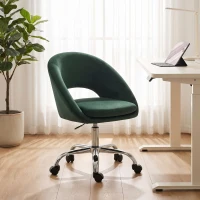 HOMCOM Velvet Desk Chair, Modern Office Chair with Height-Adjustable, Wheels, for Home Study Bedroom, Dark Green(m-8)