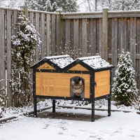 PawHut Wooden Cat House Outdoor Indoor with Weatherproof Asphalt Roof, Side Cleaning Door, PVC Curtain(m-8)
