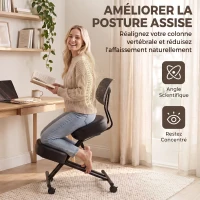 HOMCOM Chaise à Genoux Ergonomique avec Dossier, Siège Assis Genoux Réglable en PU sur Roulettes, Noir(m-4)