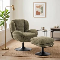 HOMCOM Modern Chenille Lazy Chair with Ottoman, 360° Swivel, Upholstered Reading Seat Set for Living Room, Dark Green(m-2)