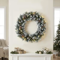 HOMCOM Guirlande de Noël enneigée Ø60 cm avec lumières LED 8 modes, 140 branches, pommes de pin, couronne de Noël, Vert(m-6)