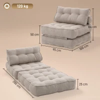 HOMCOM Sofá Cama 1 Plaza Convertible 3 en 1 Sillón de Suelo Plegable Sillón Cama de Lino con 2 Almohadas Acolchado Crema(m-3)