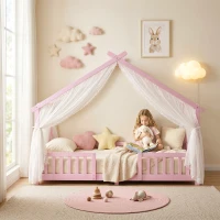 AIYAPLAY Wooden Kids House Single Bed Frame, Solid Pine Wood Toddler Bed with Dual Guardrails for Children, Boys, Girls, Pink(m-8)