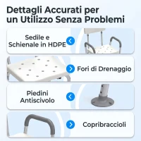HOMCOM Sedia Doccia ad Altezza Regolabile con Braccioli e Cuscino Rimovibile 53.5x52x80-90 cm, Bianca(m-5)