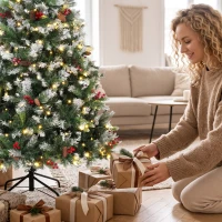 HOMCOM Sapin de Noël Artificiel Lumineux et Enneigé 120cm, Arbre de Noël, Télécommande, 11 Modes d'Éclairage, 150 LED, Vert(m-14)