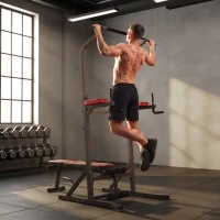 HOMCOM Power Tower Pieghevole con Panca Piana Regolabile, Rack Palestra Multifunzione con Barre per Dip e Trazioni, Altezza Regolabile 7 Livelli, in Acciaio, Allenamento Fitness Casa Palestra, Rosso(m-2)
