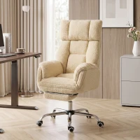 HOMCOM Chaise Bureau Ergonomique avec Accoudoirs Rabattables 5 Niveaux, Fauteuil de Bureau Inclinable en Tissu Teddy, Crème(m-2)
