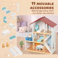 AIYAPLAY Kids Wooden Dolls House, 3-Story Dollhouse with 5 Rooms and 11 Accessories, Pretend Play Gift for Ages 3+, White(m-5)