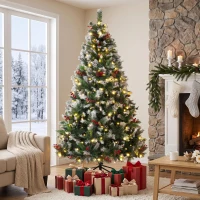 HOMCOM Albero di Natale Innevato 210cm, 400 Luci LED a 2 Colori, Telecomando, 11 Modalità, 1253 Rami, Pigne, Bacche Rosse(m-10)
