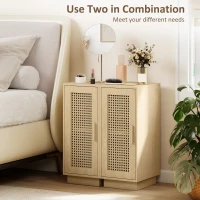HOMCOM Set of 2 Bedside Tables with Rattan-Decor Doors, Boho Slim Nightstands with Adjustable Shelf, Natural Wood Finish(m-5)