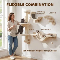 PawHut Four-Piece Cat Wall Furniture, with Hammock, Ladder, Platforms, Steps, for Indoor Use - Beige(m-5)