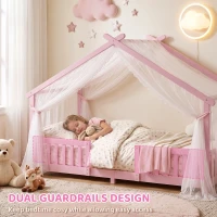 AIYAPLAY Wooden Kids House Single Bed Frame, Solid Pine Wood Toddler Bed with Dual Guardrails for Children, Boys, Girls, Pink(m-6)