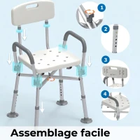 HOMCOM Tabouret de Douche Réglable en Hauteur à 5 Niveaux, Chaise de Douche, Accoudoirs Rembourrés et Coussin Amovible, Gris(m-7)